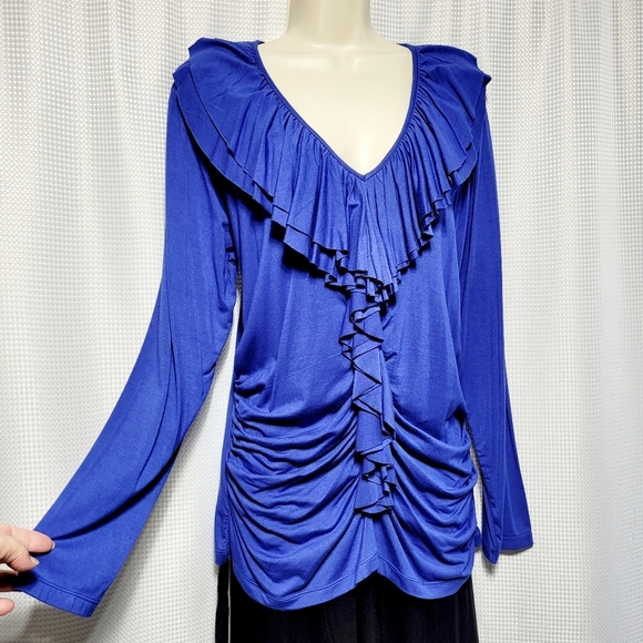Tribal Rich Sapphire Blue V-Neck Ruffled Body Con Women's Jersey Blouse (TG/XL) - Picture 1 of 11